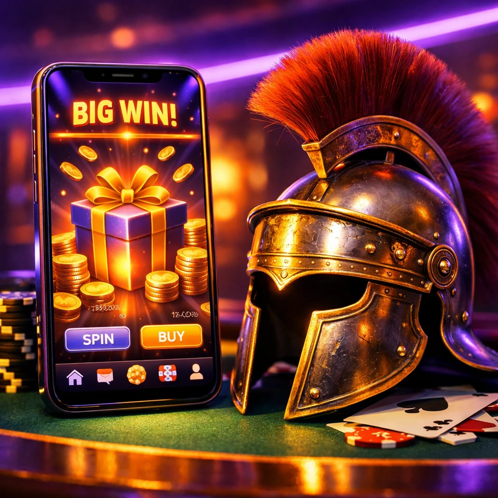 Mobile casino app showing slot machine free spins and gold coins