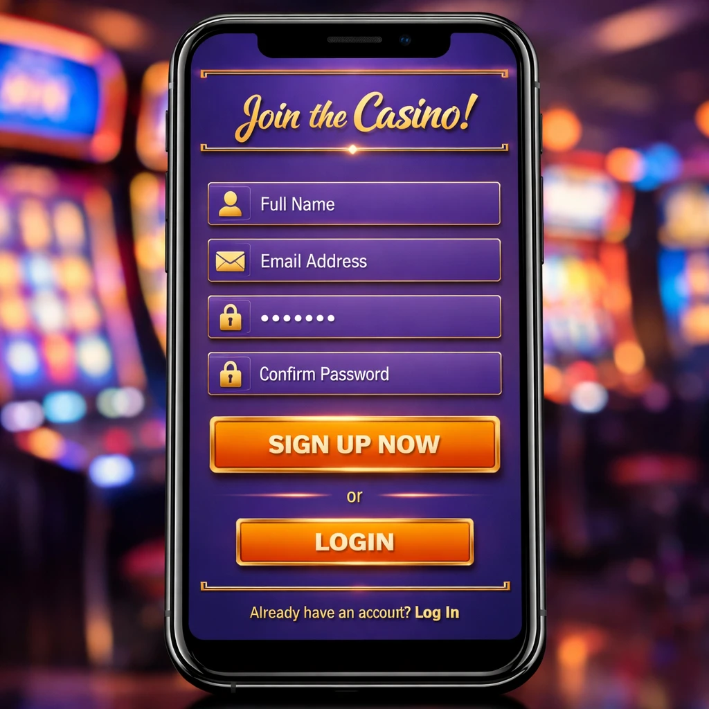 Mobile phone displaying online casino registration and login interface