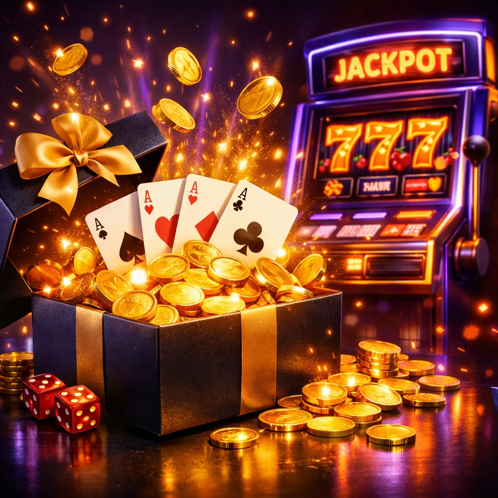 Generous online casino welcome bonus with gold coins and gift box