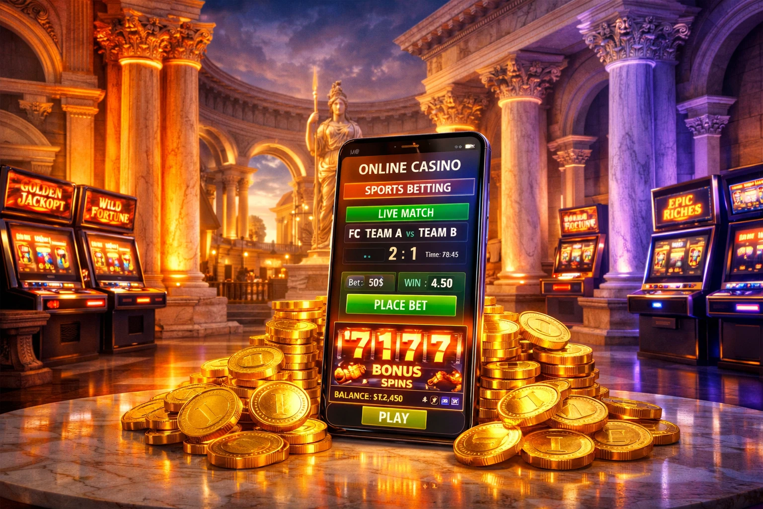 Ancient Roman themed online casino lobby with welcome bonus chest and gold coins
