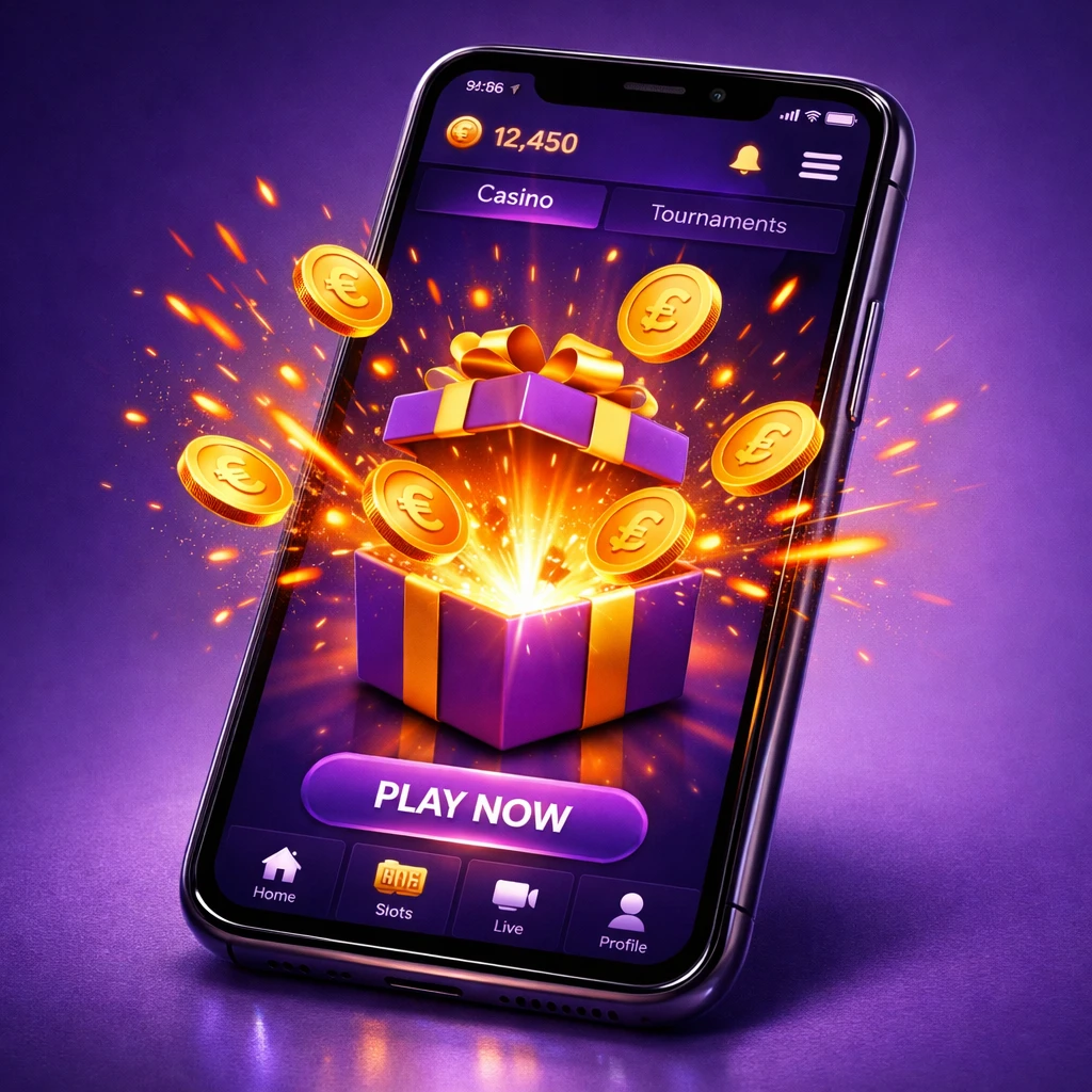 Mobile casino app showing a generous welcome bonus and gold coins