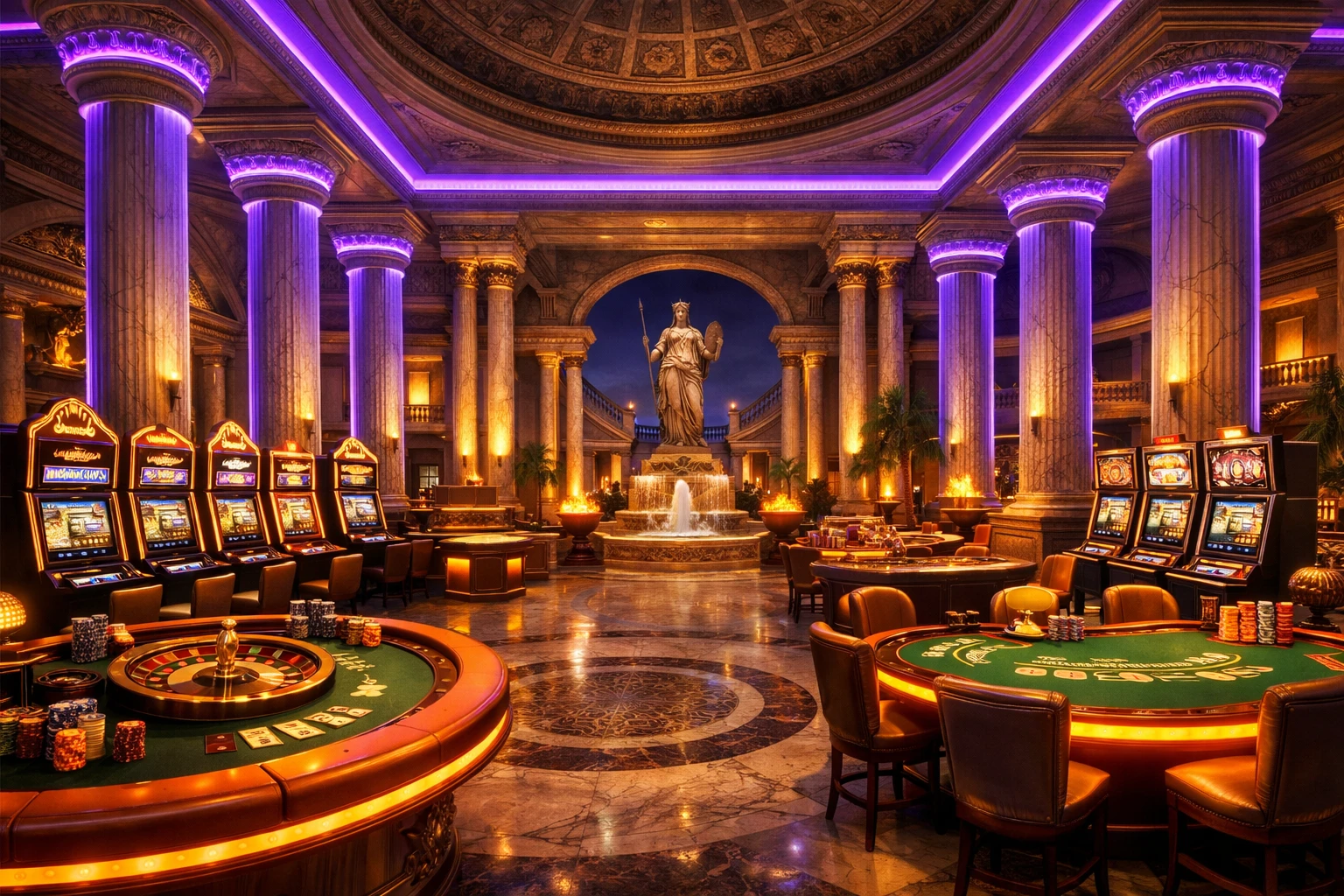 Luxurious Roman-themed online casino lobby with slot machines and card tables