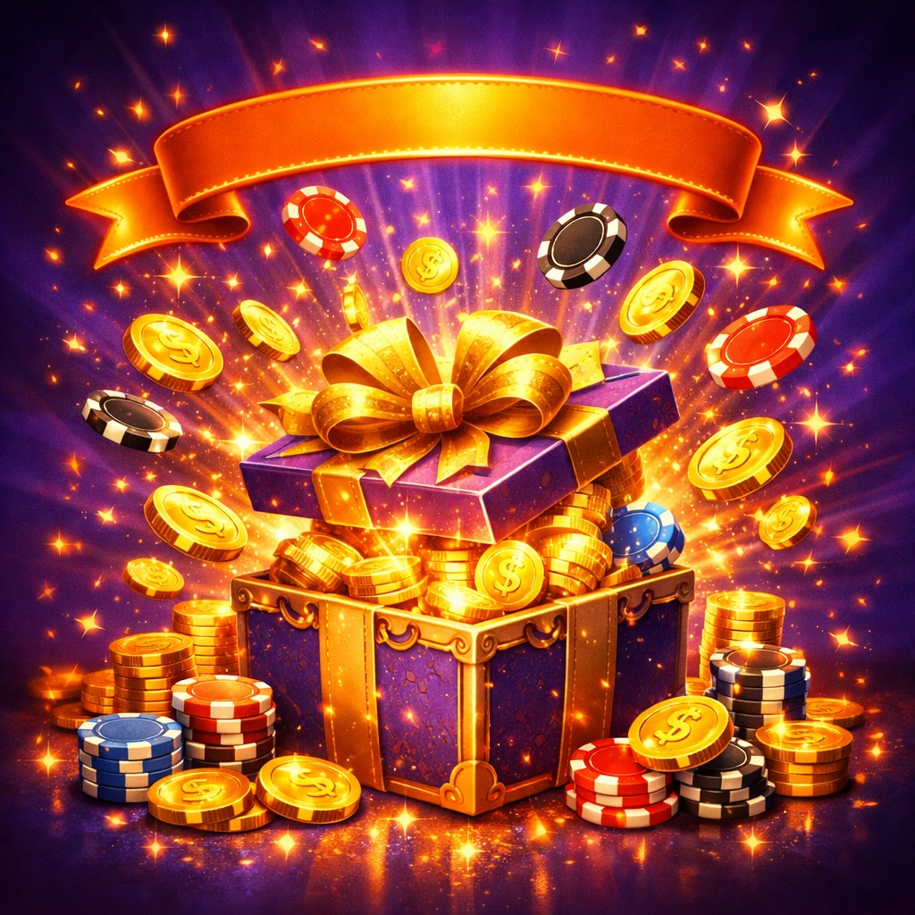 Spectacular casino bonus reward celebration with gold coins and gift box